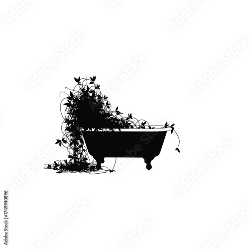 Vintage bathtub overgrown with plants silhouette