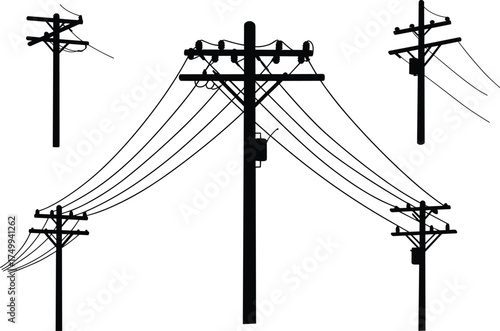 Silhouette of utility poles with transformers, insulators, crossarms, central complex pole, electricity distribution, urban infrastructure, industrial landscape, high voltage grid
