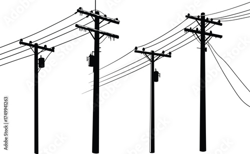 Silhouette of utility poles with transformers, insulators, crossarms, drooping wires, electricity distribution, urban infrastructure, industrial landscape, high voltage grid