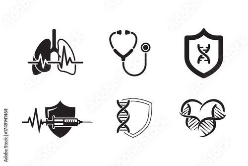 Medical Protection & Health Care Icons with DNA, Heartbeat, Lungs & Stethoscope