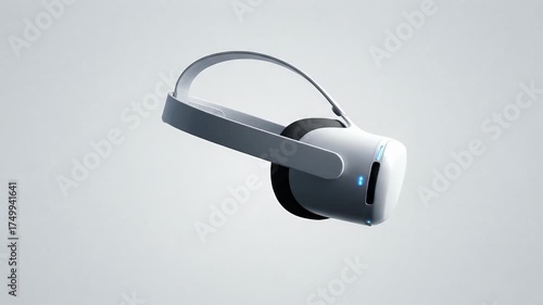 Futuristic VR headset rotating in 3D space, virtual reality goggles spin on light background, modern immersive technology concept, augmented reality device animation, minimal design loop