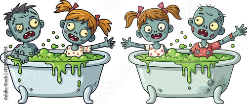 Cartoon zombie kids in bathtub, green slime bath, spooky children, funny horror scene, undead bath time, Halloween illustration, playful zombies