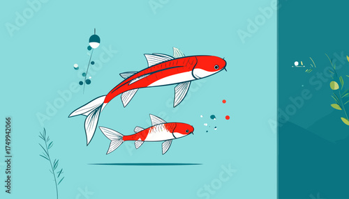 Red koi fish swimming in water with transparent background