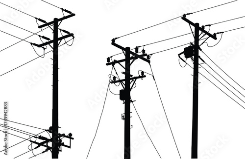 Silhouette of utility poles with transformers, insulators, crossarms, electricity distribution, urban infrastructure, industrial landscape, high voltage electrical power grid
