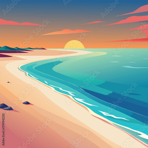 A vibrant tropical sunset paints the summer sky and ocean with fiery clouds over the sandy beach horizon