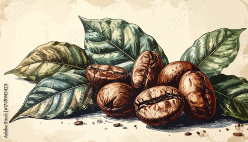 Coffee beans with leaves and scattered seeds