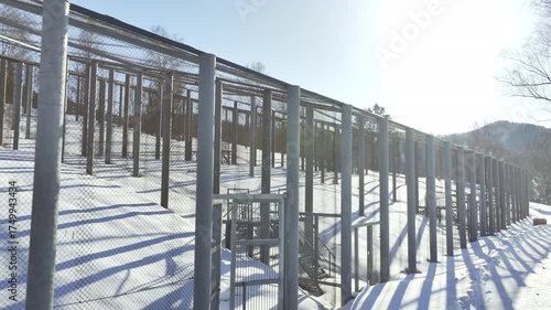 Metallic framework forms gateway to ski trail on shiny frozen hillside. Clear sky and sparkling snow create vivid winter panorama