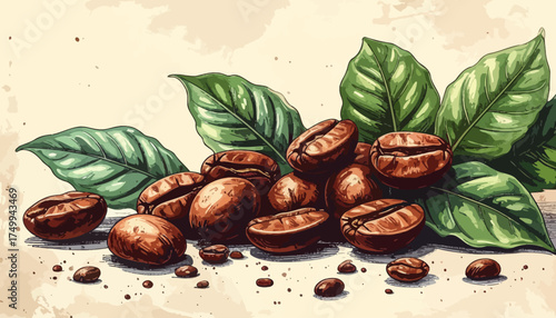 Roasted coffee beans with green leaves and scattered seeds