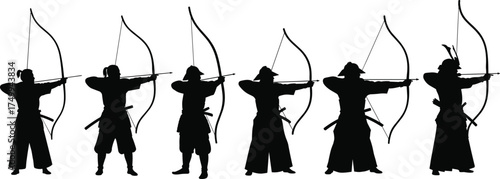 Kyudo archers silhouette, traditional Japanese archery, yumi bow stance, martial arts discipline, cultural heritage, precision posture, black vector illustration, samurai spirit