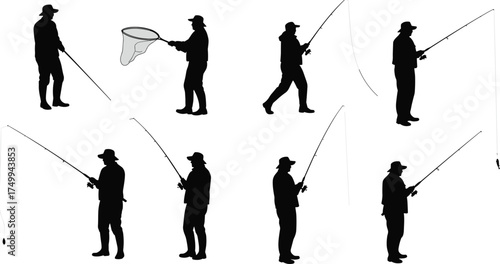 Fisherman silhouette vector set holding fishing rod and net, catching fish, casting line, outdoor hobby activity, recreation and nature lifestyle illustration