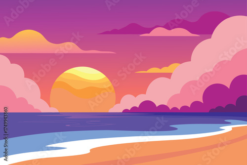 a colorful sunset over the ocean with clouds and a beach