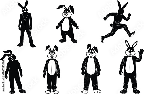 Cartoon rabbit costume characters, standing and posing, playful bunny outfit illustrations, mascot-style animal suits, Easter theme, whimsical expressions, stock vector art