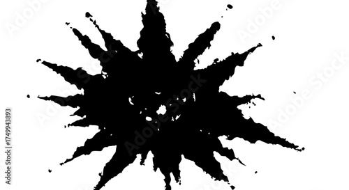 Abstract Black Ink Splatter Bursting Outward with Jagged, Spiky Edges.