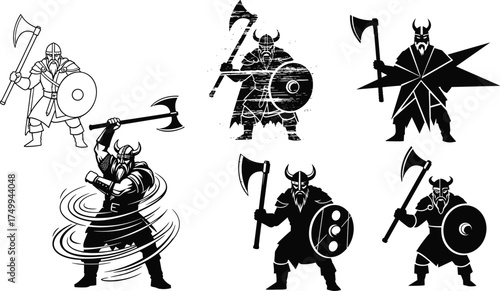 Viking warrior illustration, stylized battle poses, horned helmet, axe and shield, Norse mythology, dynamic motion effects, ancient Nordic fighter, textured armor design