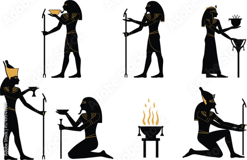Ancient Egyptian ritual illustration, ceremonial figures in traditional attire, sacred offering scenes, black and gold stylized art, historical culture, spiritual symbolism