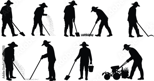 farmers working in the field with tools and equipment, traditional agriculture and rural farming lifestyle vector concept design.