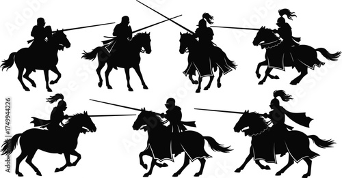 Medieval knights jousting on horseback, silhouette style, dynamic combat scene, historical armor, chivalry sport, lance duel, horse motion, cape flow, battlefield tradition