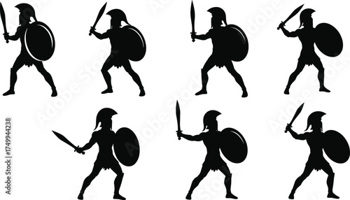 Ancient warrior silhouettes, Greek Roman fighters, combat poses, helmet shield sword, historical battle illustration, classical military art, antique soldier stances, vector graphic
