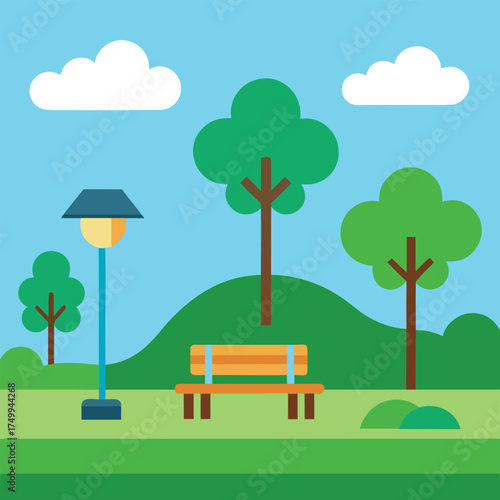 a park with a bench and lamp post