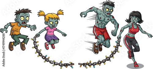 Zombie kids jump rope, cartoon undead playtime, festive lights rope, spooky fun activity, Halloween illustration, funny horror scene, athletic zombies