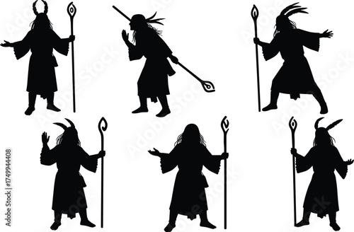 Mystical shaman silhouettes with staffs, tribal robes, magical poses, fantasy ritual characters, spiritual healers, ancient mystics, black figures on white background, isolated illustration