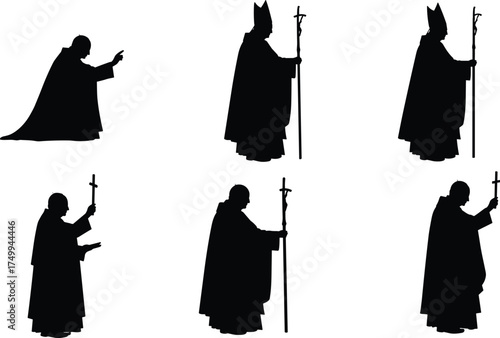Silhouettes of bishops or popes holding staffs, religious ceremony poses, Christian clergy illustration, traditional attire, spiritual symbolism, black and white vector art