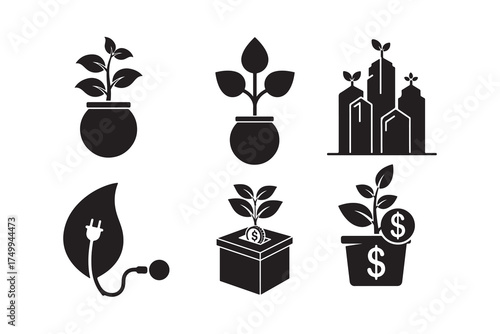 Eco Growth & Green Investment Icon Set with Plants, Energy Leaf, and Money Growth