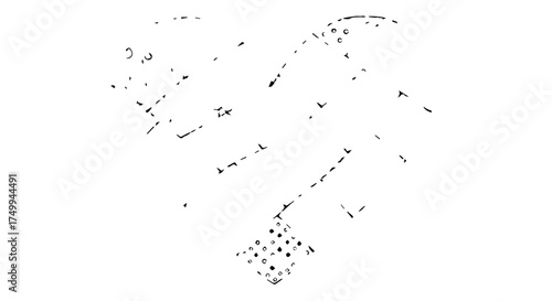 Abstract Geometric Composition of Scattered Dots and Lines in Monochrome.