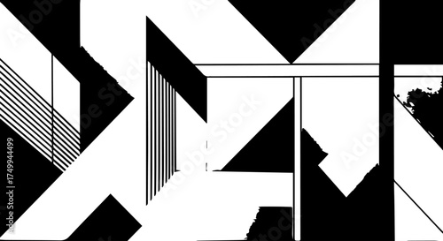 Abstract Geometric Composition with Black and White Shapes and Lines.