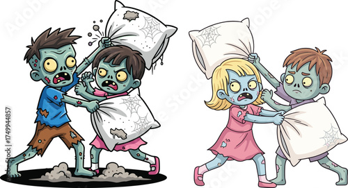 Zombie kids pillow fight, cartoon undead children, spooky bedroom chaos, Halloween fun illustration, cobweb pillows, funny horror scene, playful zombies