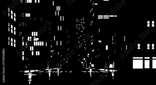 Abstract Silhouette of Illuminated Buildings with Windows at Night.