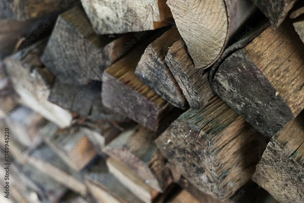 Fototapeta premium Stack of firewood logs with rough wooden texture. Natural brown tones, close-up view. Rustic background for eco, fuel, or countryside lifestyle concepts. High quality photo