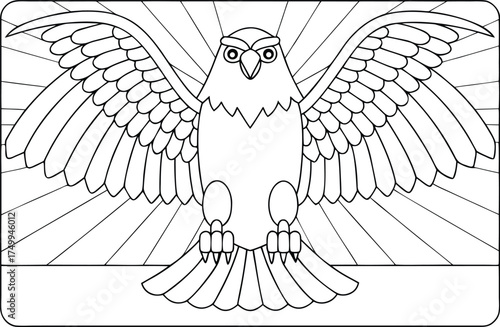 A majestic eagle with wide spread wings stares directly forward, ideal for patriotic coloring books