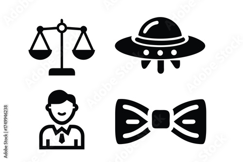 Minimalist Icon Set – Justice Scale, UFO, Person Avatar & Bow Tie Symbols