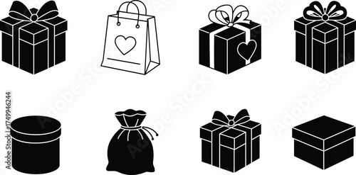Gift box and shopping bag silhouette vector set with ribbon, bow, heart, and present packaging icons for 