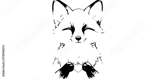 Adorable Black and White Cartoon Fox with Closed Eyes and Happy Expression.
