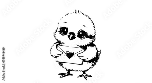 Adorable Cartoon Chick Holding Envelope with Heart, Black and White Illustration.