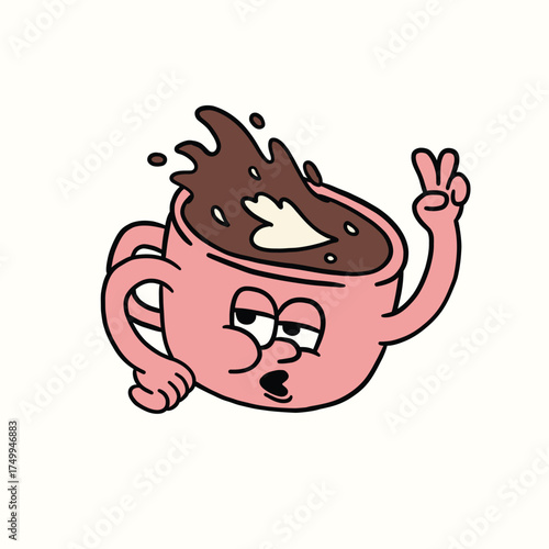 Hand drawn cute retro coffee cup cartoon illustration