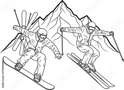 Vector art of skier and snowboarder line art