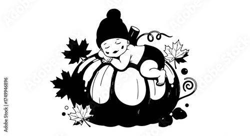 Adorable Sleeping Baby in a Black Hat Resting on a Pumpkin with Leaves.