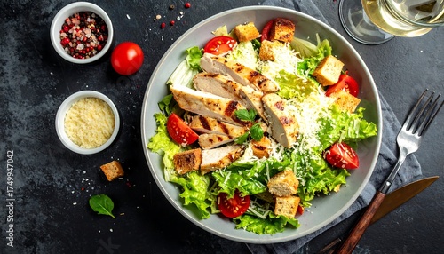 A close-up shot of a fresh Caesar salad with grilled chicken, tomatoes, croutons, and cheese. Served with white wine