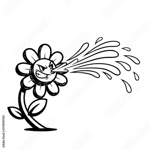 Angry Cartoon Flower Spitting Water with Gritted Teeth and Fierce Expression.