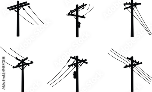 Silhouette of utility poles with transformers, insulators, crossarms, six pole variations, electricity distribution, urban infrastructure, industrial landscape, high voltage grid