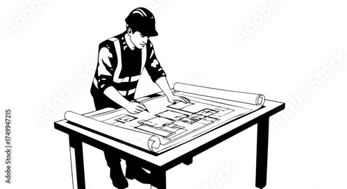 Architect in Safety Gear Examining Detailed Blueprints on a Table.