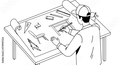 Architect in Cap Drawing Architectural Plans on Drafting Table with Tools.