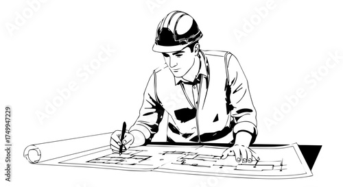 Architect in Hard Hat Focused on Drafting Architectural Blueprints with Pen.