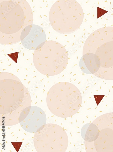Soft Pastel Geometric Pattern with Overlapping Circles and Red Triangles on Cream Background for Gentle Design Projects