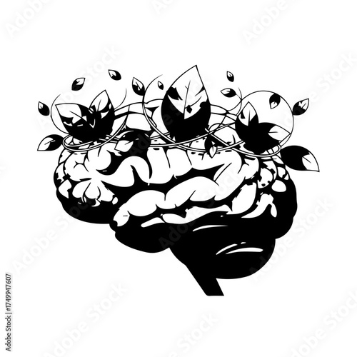Artistic Black and White Brain with Leafy Crown and Detailed Texture.