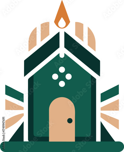 Abstract Geometric House Icon with Flame and Radiant Elements Flat Style Structure Illustration