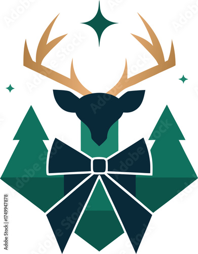 Abstract Deer with Antlers Christmas Tree Present Bow Stars Winter Holiday Design Motif